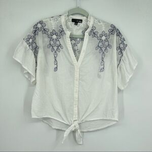 A. Calin Los Angeles Floral Embroidered Tie Front V-neck Ruffle Short Sleeve Top
